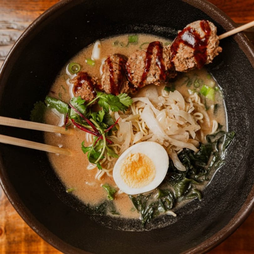 Kameya Ramen & Sushi's ramen bowl with noodles, broth, egg, seaweed, and meatball skewers.